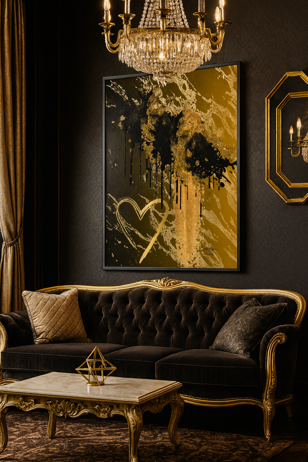 Abstract Gold & Black Glitter Heart Art Poster